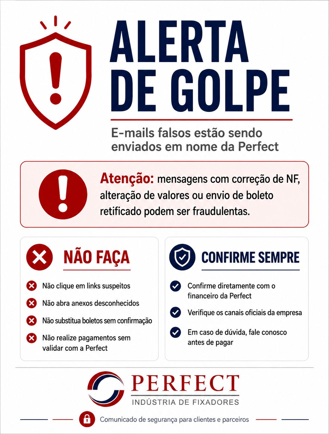 Alerta de golpe - Comunicado de segurança Perfect